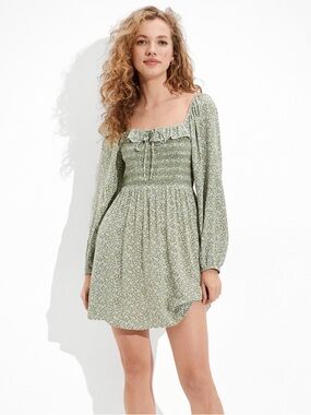 American Eagle Sage Green Floral Smocked Long Sleeve Mini Dress